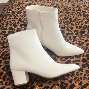White Pointed Toe Block Heel Ankle Boots - Women